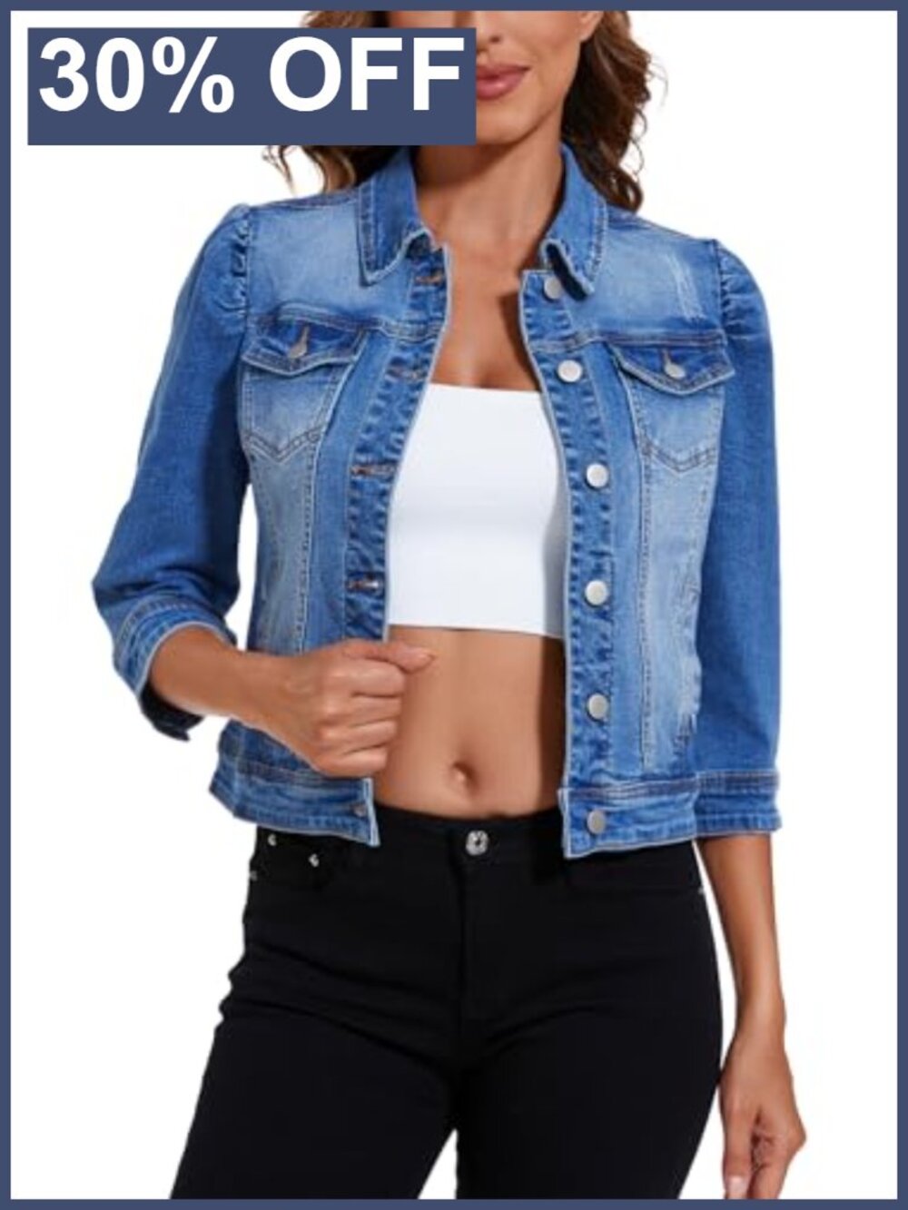 Women's Cropped Denim Jacket Stretchy 3/4 Puff Sleeve Distressed Pockets